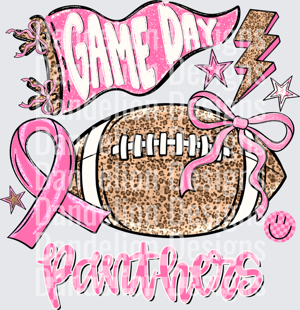 Game Day Panthers Pink Leopard Football Breast Cancer Ribbon