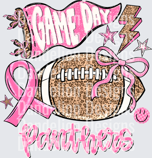 Game Day Panthers Pink Leopard Football Breast Cancer Ribbon