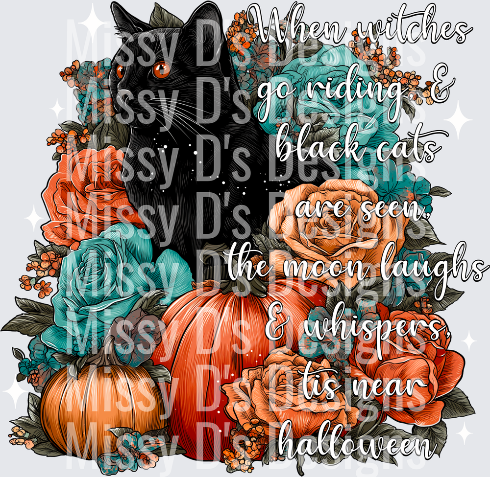 Black Cat Halloween Floral Pumpkin Witches Quote Design