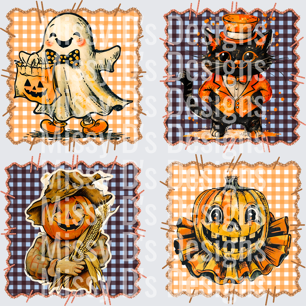 Vintage Halloween Ghost Black Cat Scarecrow Pumpkin Set